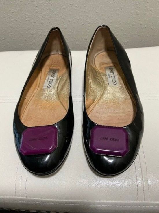 Jimmy Choo Shoes - Jimmy Choo Black Patent Leather Ballet Flats with Purple Toe Accent & Heel Logo